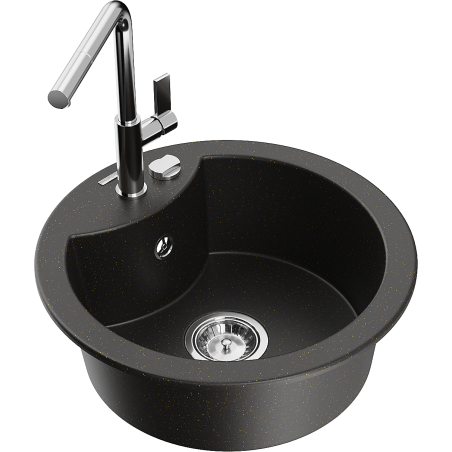 Mexen Diego Granitspüle 1-becken mit Küchenarmatur Flora, schwarz/gold metallic - 6512-75-670401-00