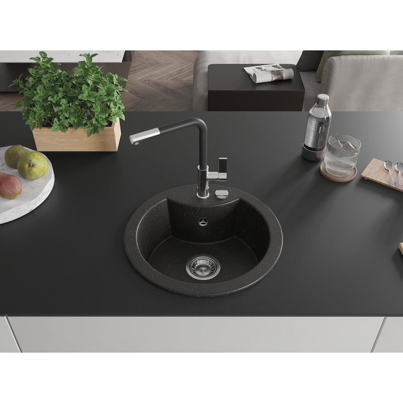 Mexen Diego Granitspüle 1-beckig mit Küchenarmatur Flora, schwarz/gold metallic - 6512-75-670401-07