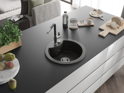 Mexen Diego Granitspüle 1-beckig mit Küchenarmatur Flora, schwarz/gold metallic - 6512-75-670401-07