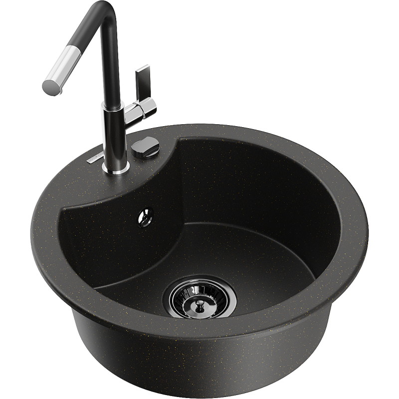 Mexen Diego granitspüle mit 1 Becken mit Küchenarmatur Flora, schwarz/gold metallic - 6512-75-670401-07-B