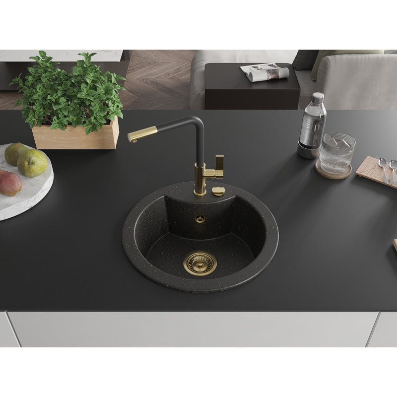 Mexen Diego granitspüle 1-becken mit Küchenarmatur Flora, schwarz/gold metallisch - 6512-75-670401-57-G