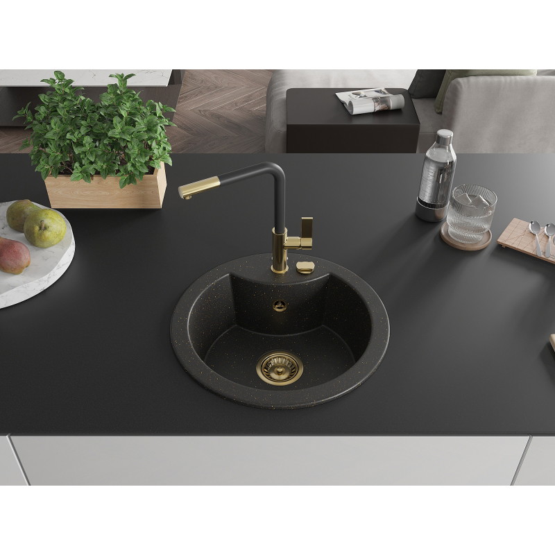 Mexen Diego Granitspüle 1-beckig mit Küchenarmatur Flora, schwarz/gold metallic - 6512-75-670401-57-G