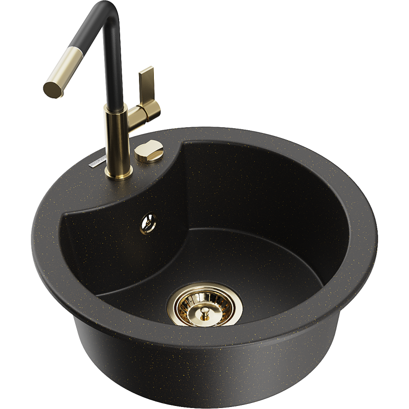 Mexen Diego granitspüle 1-becken mit Küchenarmatur Flora, schwarz/gold metallisch - 6512-75-670401-57-G