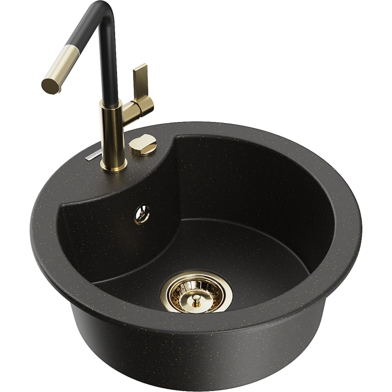 Mexen Diego Granitspüle 1-beckig mit Küchenarmatur Flora, schwarz/goldener Metallic - 6512-75-670401-57-G
