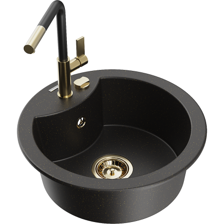 Mexen Diego granitspüle 1-becken mit Küchenarmatur Flora, schwarz/gold metallisch - 6512-75-670401-57-G
