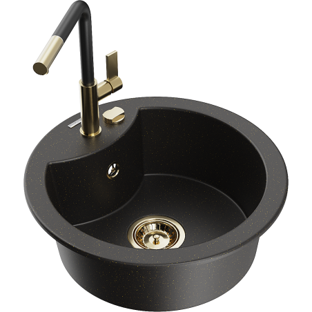 Mexen Diego Granitspüle 1-beckig mit Küchenarmatur Flora, schwarz/gold metallic - 6512-75-670401-57-G