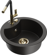 Mexen Diego granitspüle 1-becken mit Küchenarmatur Flora, schwarz/gold metallisch - 6512-75-670401-57-G