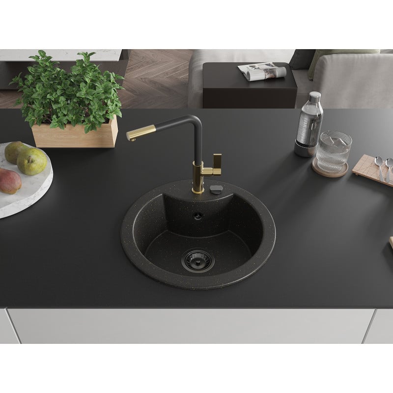 Mexen Diego Granitspüle 1-beckig mit Küchenarmatur Flora, schwarz/gold metallic - 6512-75-670401-57-B