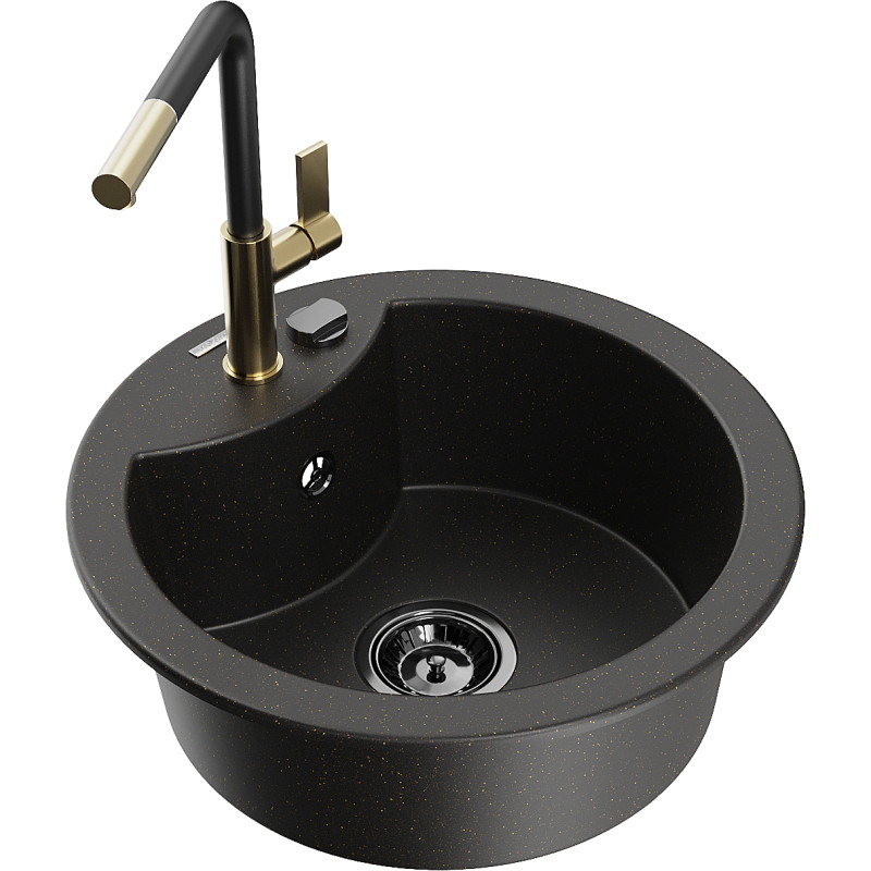 Mexen Diego Granitspüle 1-Becken mit Küchenarmatur Flora, schwarz/gold metallic - 6512-75-670401-57-B