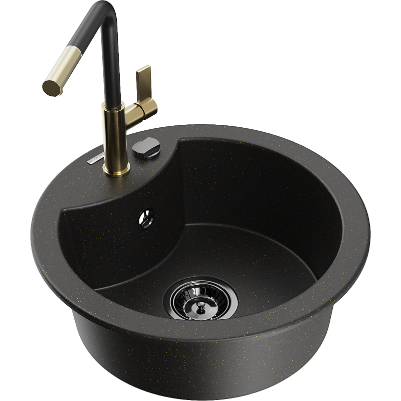 Mexen Diego Granitspüle 1-beckig mit Küchenarmatur Flora, schwarz/gold metallic - 6512-75-670401-57-B