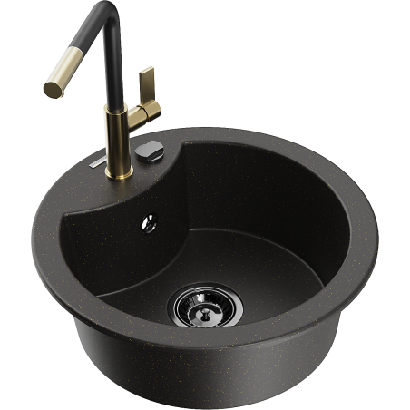 Mexen Diego Granitspüle 1-Becken mit Küchenarmatur Flora, schwarz/gold metallic - 6512-75-670401-57-B
