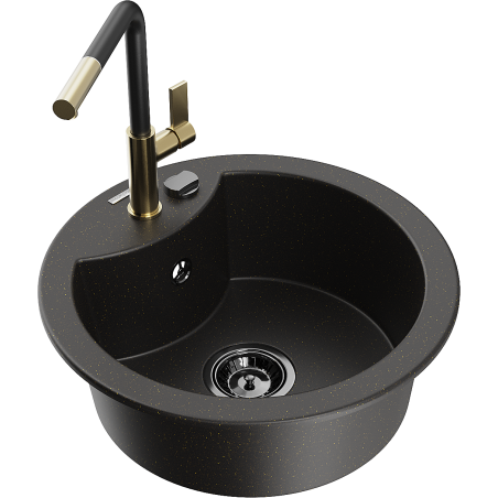 Mexen Diego Granitspüle 1-beckig mit Küchenarmatur Flora, schwarz/gold metallic - 6512-75-670401-57-B