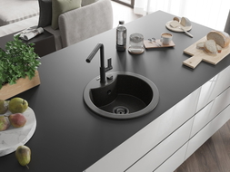 Mexen Diego Granitspüle 1-beckig mit Küchenarmatur Flora, schwarz/goldener Metallic - 6512-75-670401-70-B