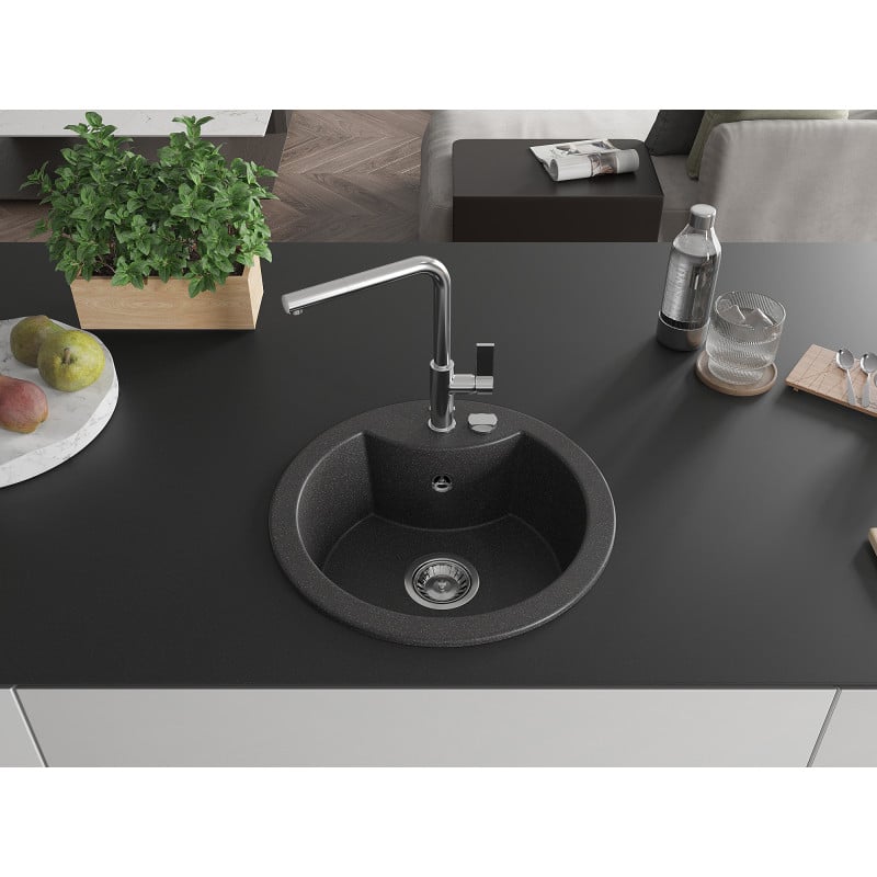 Mexen Diego Granitspüle 1-becken mit Küchenarmatur Flora, schwarz gesprenkelt - 6512-76-670401-00