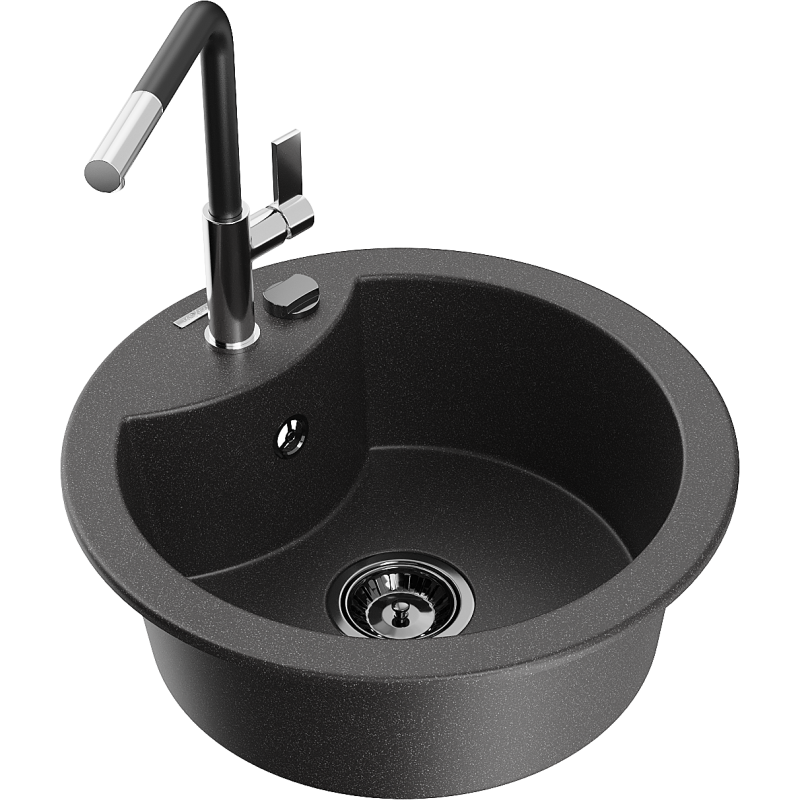 Mexen Diego Granitspüle 1-becken mit Küchenarmatur Flora, schwarz gesprenkelt - 6512-76-670401-07-B
