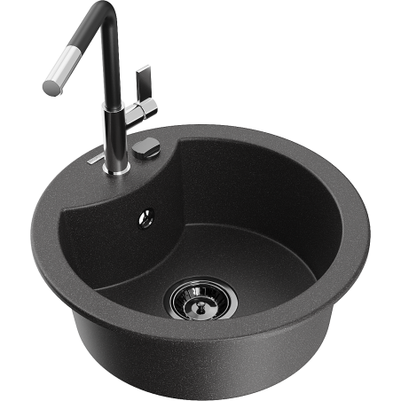 Mexen Diego Granitspüle 1-becken mit Küchenarmatur Flora, schwarz gesprenkelt - 6512-76-670401-07-B