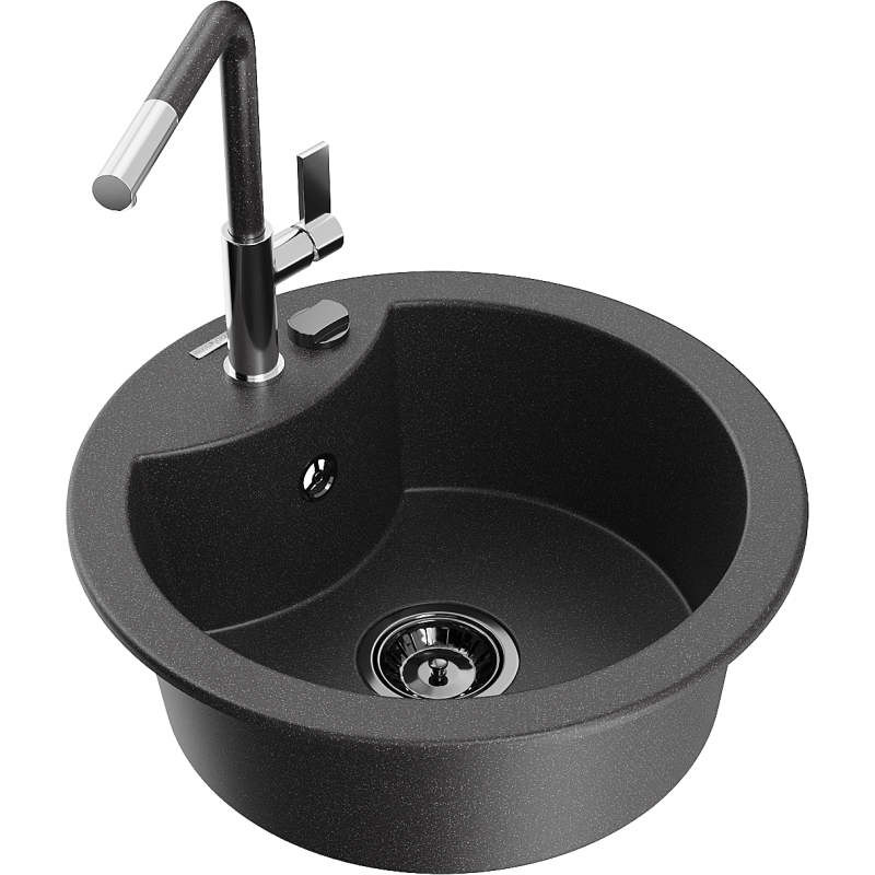 Mexen Diego Granitspüle 1-Becken mit Küchenarmatur Flora, schwarz gesprenkelt - 6512-76-670401-08-B