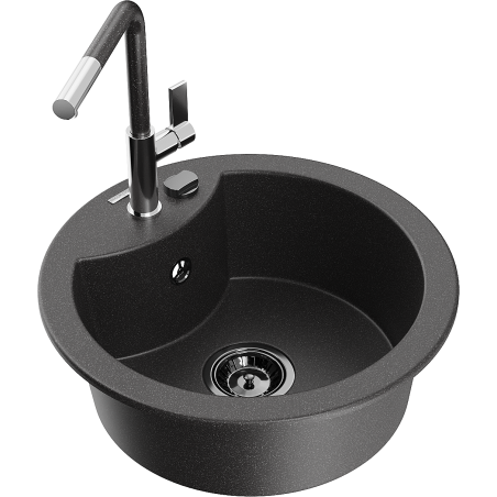 Mexen Diego Granitspüle 1-Becken mit Küchenarmatur Flora, schwarz gesprenkelt - 6512-76-670401-08-B