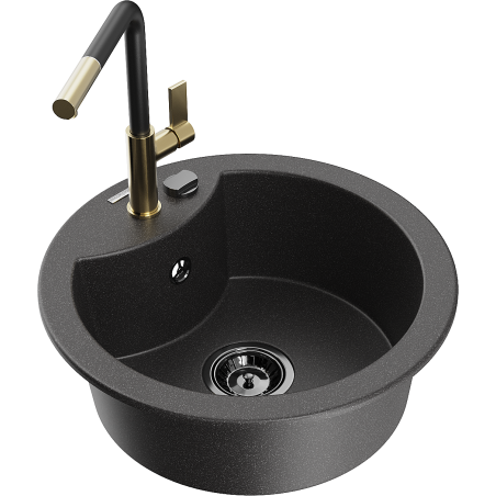 Mexen Diego Granitspüle 1-Becken mit Küchenarmatur Flora, schwarz gesprenkelt - 6512-76-670401-57-B