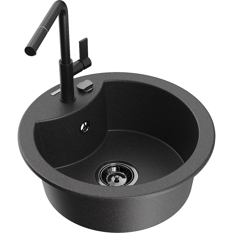 Mexen Diego 1-Kammer Granitspüle mit Küchenarmatur Flora, schwarz gesprenkelt - 6512-76-670401-70-B