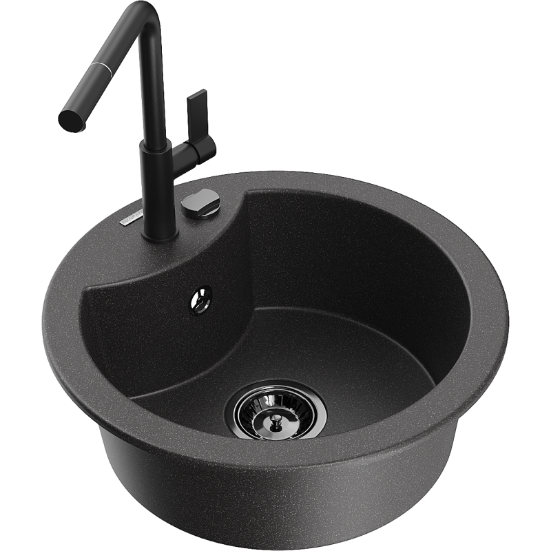 Mexen Diego Granitspüle 1-becken mit Küchenarmatur Flora, schwarz gesprenkelt - 6512-76-670401-70-B