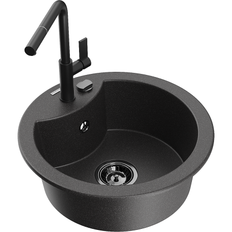 Mexen Diego Granitspüle 1-becken mit Küchenarmatur Flora, schwarz gesprenkelt - 6512-76-670401-70-B