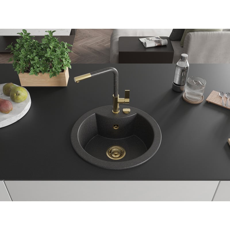 Mexen Diego Granitspüle 1-Bowl mit Küchenarmatur Flora, schwarz gesprenkelt - 6512-76-670401-75-G