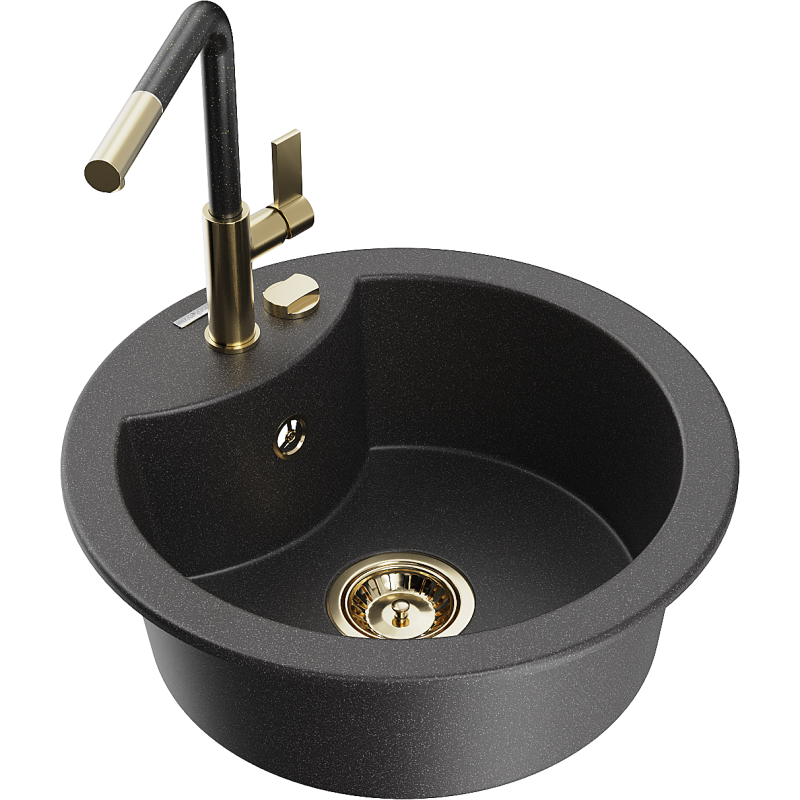 Mexen Diego Granitspüle 1-Bowl mit Küchenarmatur Flora, schwarz gesprenkelt - 6512-76-670401-75-G