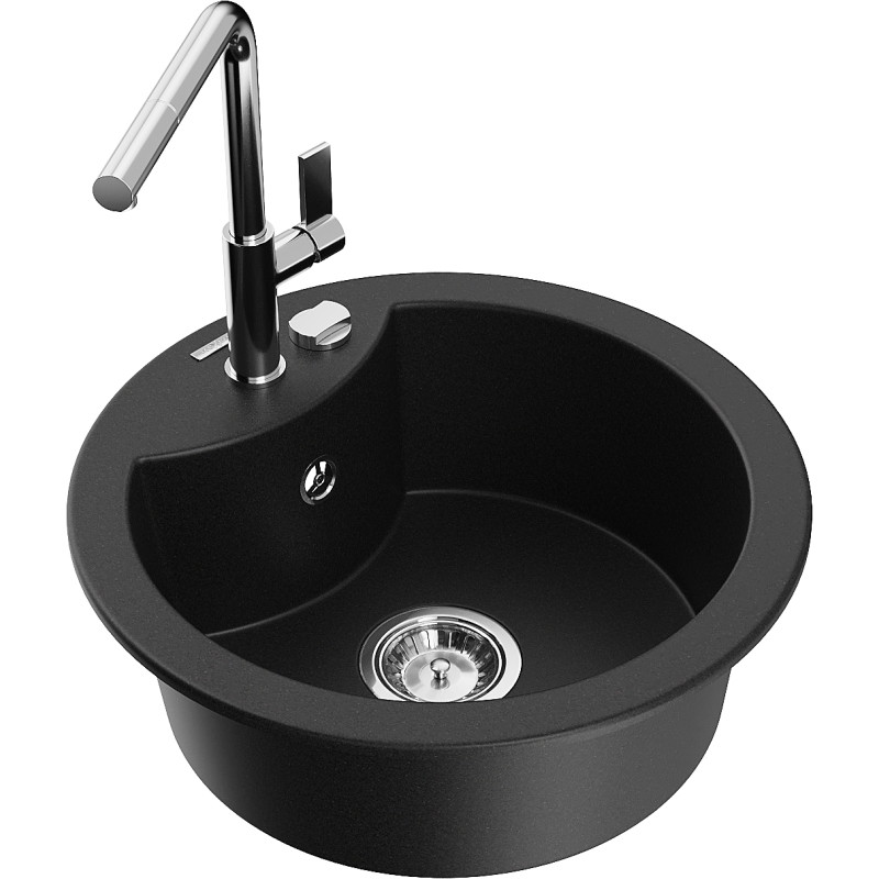 Mexen Diego Granitspüle 1-Becken mit Küchenarmatur Flora, schwarz - 6512-77-670401-00
