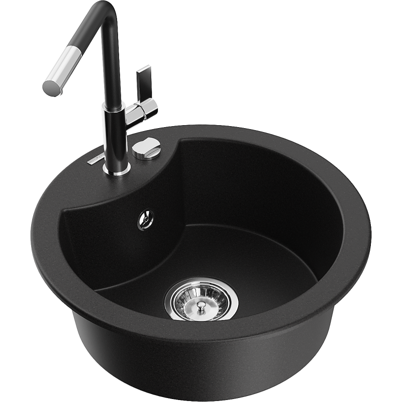 Mexen Diego Granitspüle 1-becken mit Küchenarmatur Flora, schwarz - 6512-77-670401-07