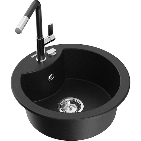 Mexen Diego Granitspüle 1-becken mit Küchenarmatur Flora, schwarz - 6512-77-670401-07