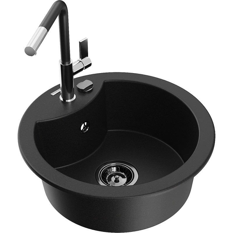 Mexen Diego granitspüle 1-becken mit Küchenarmatur Flora, schwarz - 6512-77-670401-07-B