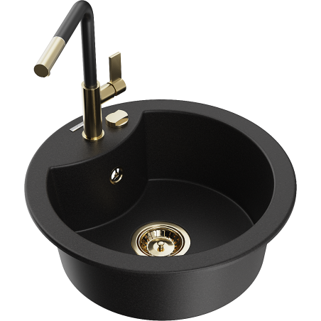 Mexen Diego Granitspüle 1-Becken mit Küchenarmatur Flora, schwarz - 6512-77-670401-57-G