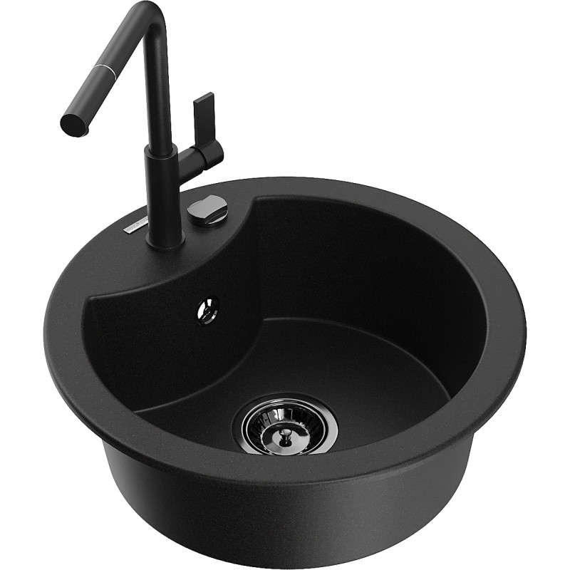 Mexen Diego Granitspüle 1-Becken mit Küchenarmatur Flora, schwarz - 6512-77-670401-70-B