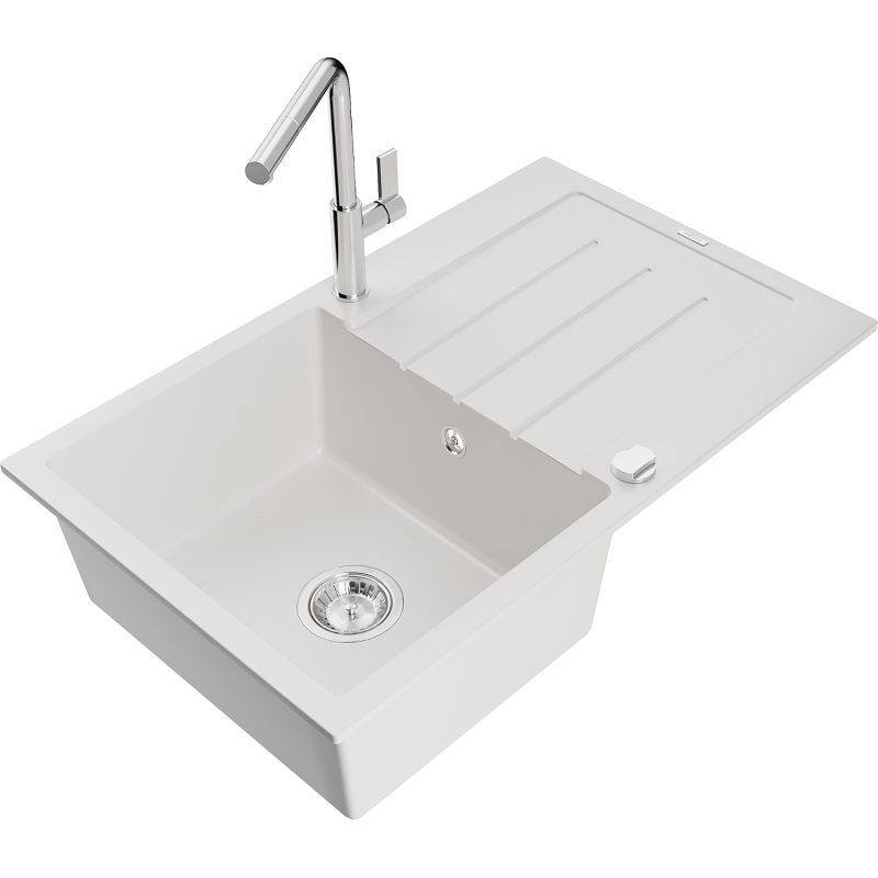 Mexen Bruno Granitspüle 1-Becken mit Abtropffläche und Küchenarmatur Flora, weiß - 6513-20-670401-00