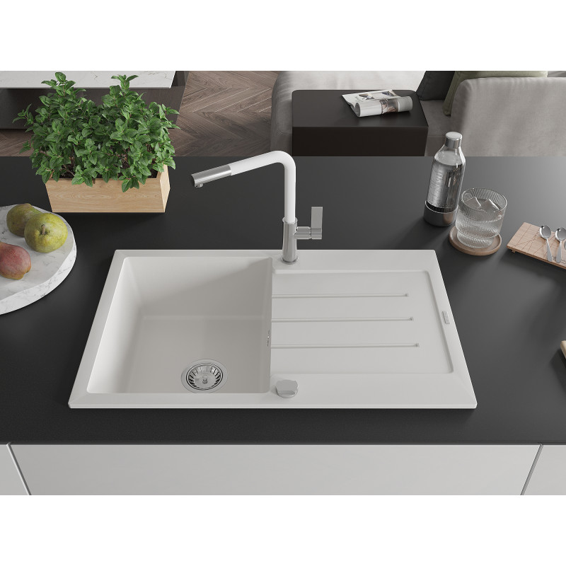 Mexen Bruno Granitspüle 1-Becken mit Abtropffläche und Küchenarmatur Flora, weiß - 6513-20-670401-02