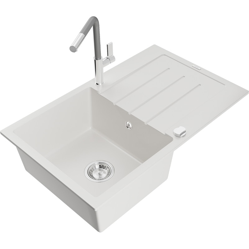 Mexen Bruno Granitspüle 1-becken mit Abtropffläche und Küchenarmatur Flora, weiß - 6513-20-670401-06