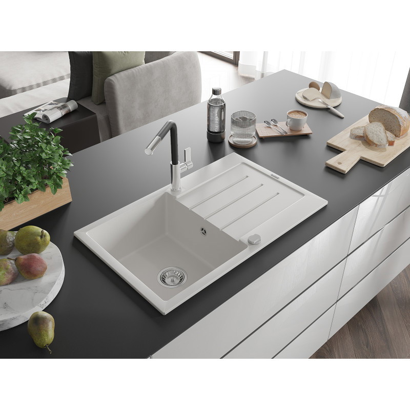 Mexen Bruno Granitspüle 1-Becken mit Abtropffläche und Küchenarmatur Flora, weiß - 6513-20-670401-07