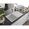 Mexen Bruno Granitspüle, 1-beckig, mit Abtropffläche und Küchenarmatur Flora, weiß - 6513-20-670401-07