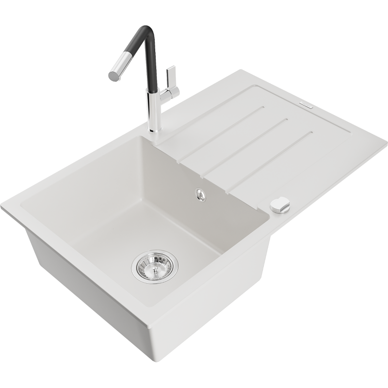 Mexen Bruno Granitspüle 1-Becken mit Abtropffläche und Küchenarmatur Flora, weiß - 6513-20-670401-07