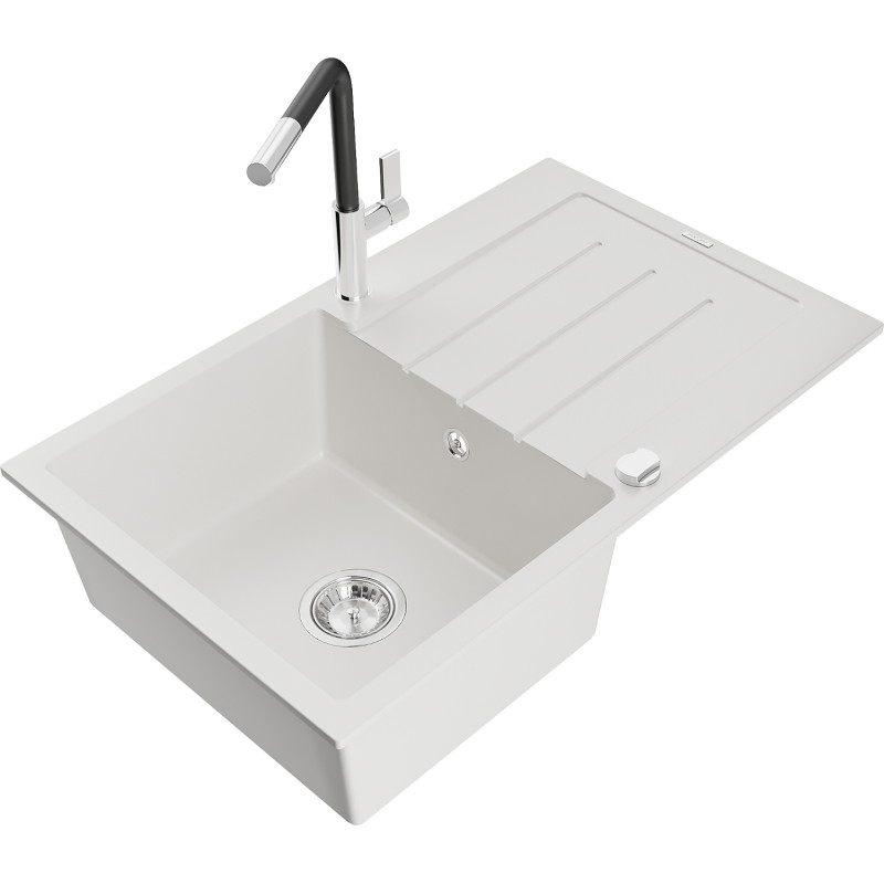 Mexen Bruno Granitspüle 1-Becken mit Abtropffläche und Küchenauslauf Flora, weiß - 6513-20-670401-07