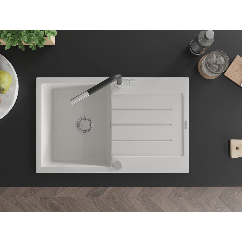 Mexen Bruno Granitspüle 1-Becken mit Abtropffläche und Küchenarmatur Flora, weiß - 6513-20-670401-07