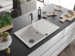 Mexen Bruno Granitspüle 1-Becken mit Abtropffläche und Küchenarmatur Flora, weiß - 6513-20-670401-07-B