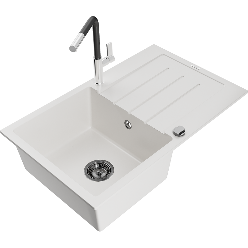 Mexen Bruno Granitspüle 1-Becken mit Abtropffläche und Küchenarmatur Flora, weiß - 6513-20-670401-07-B