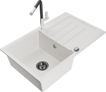 Mexen Bruno Granitspüle 1-Becken mit Abtropffläche und Küchenarmatur Flora, weiß - 6513-20-670401-07-B