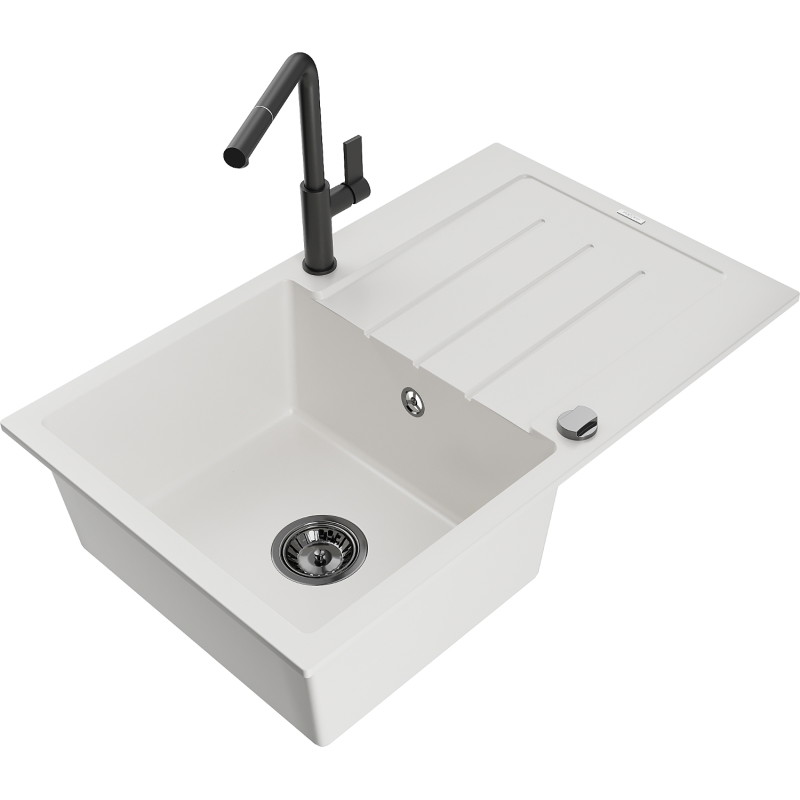 Mexen Bruno 1-Kammer-GranitsSpüle mit Abtropffläche und Küchenarmatur Flora, weiß - 6513-20-670401-70-B