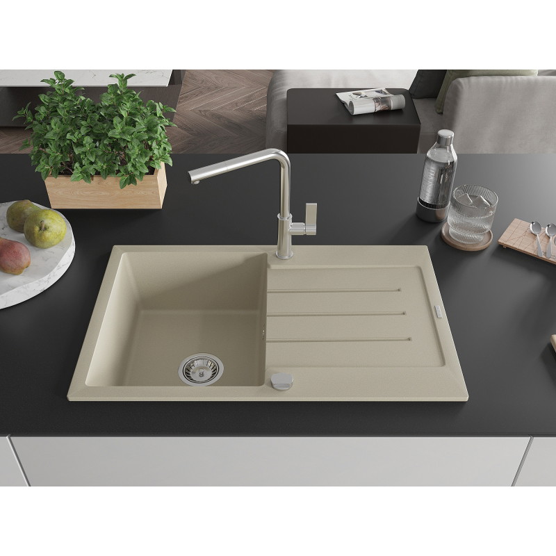 Mexen Bruno Granitspüle 1-beckig mit Abtropffläche und Küchenarmatur Flora, beige - 6513-69-670401-00