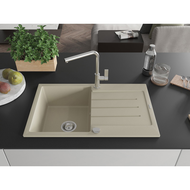 Mexen Bruno Granitspüle 1-stöckig mit Abtropffläche und Küchenarmatur Flora, beige - 6513-69-670401-00