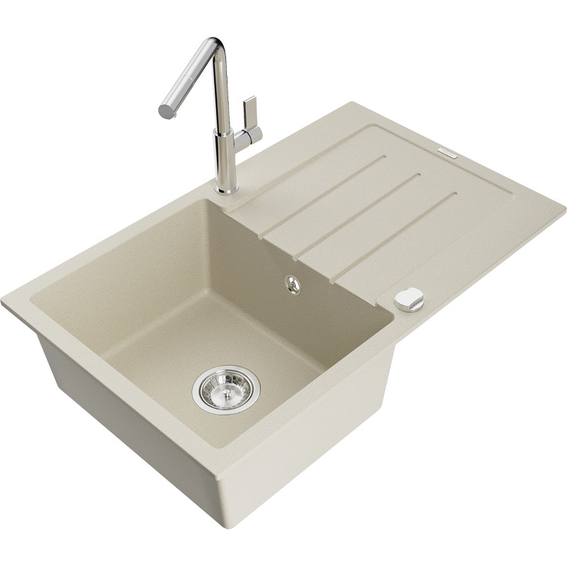 Mexen Bruno Granitspüle 1-beckig mit Abtropffläche und Küchenarmatur Flora, beige - 6513-69-670401-00
