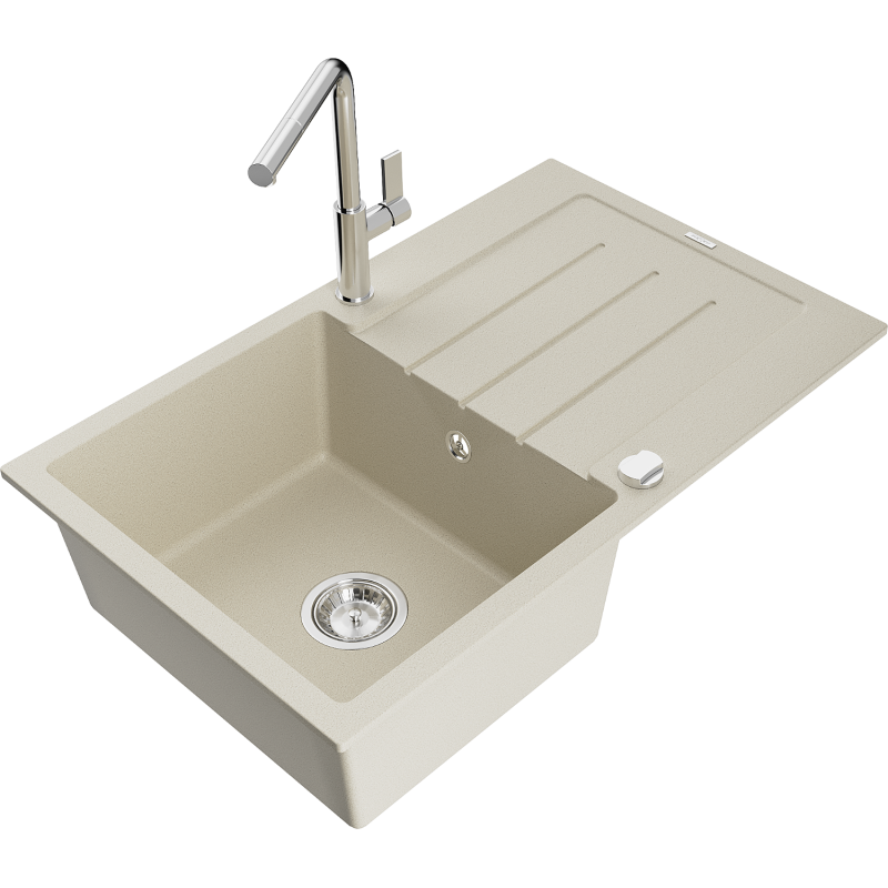 Mexen Bruno Granitspüle 1-stöckig mit Abtropffläche und Küchenarmatur Flora, beige - 6513-69-670401-00
